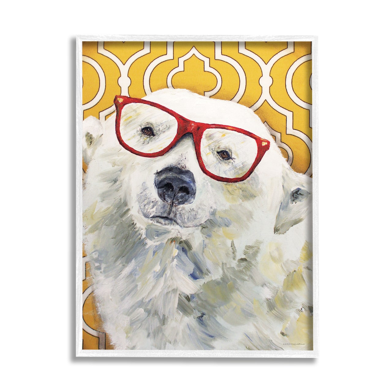 Stupell Industries Polar Bear Red Glasses Bold Yellow Geometric Pattern Framed Wall Art